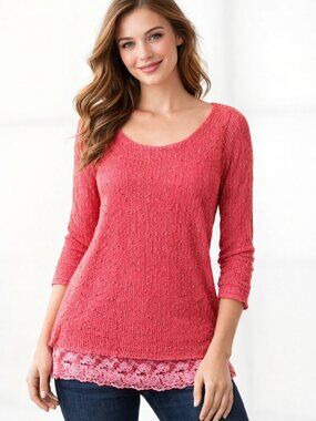 PAPILLON Coral Sheer Knit Top Layer Lace Bottom Lining Top Sequins
